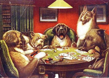 Dog Painting - Animal acting human Dogs playing cards